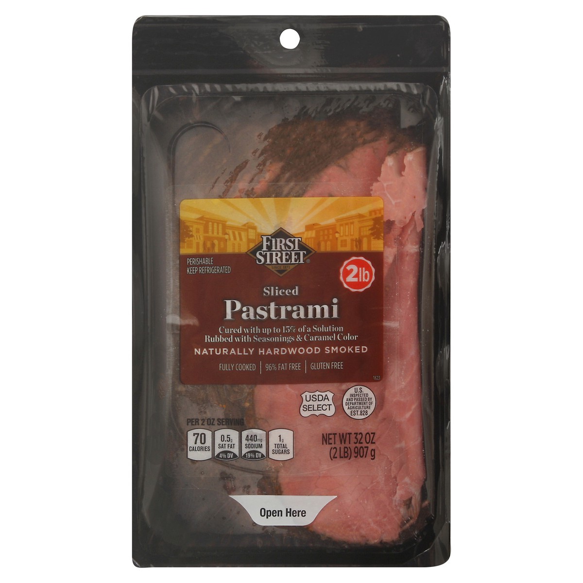 slide 5 of 12, First Street Street Sliced Pastrami Hardwood Smoked, 2 lb