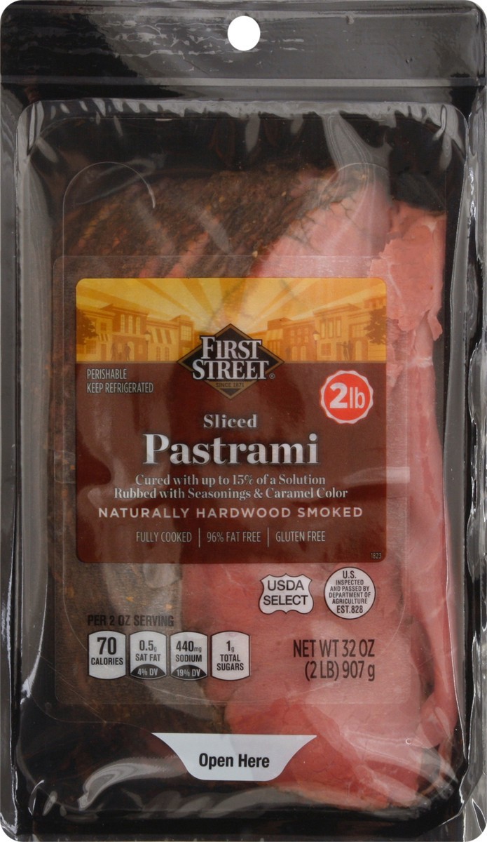 slide 1 of 12, First Street Street Sliced Pastrami Hardwood Smoked, 2 lb