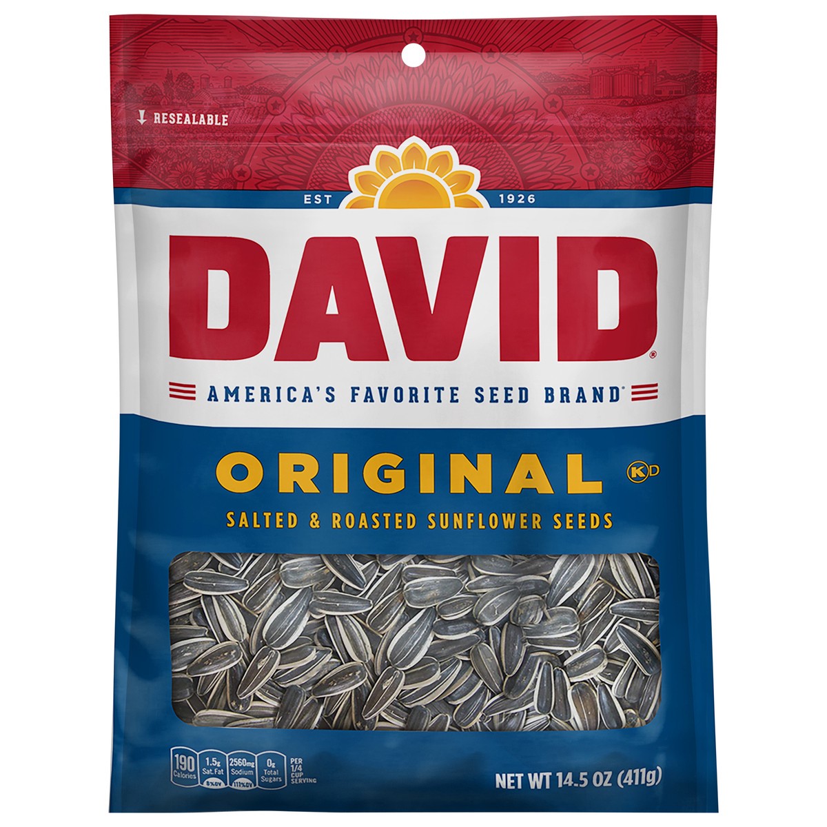 slide 1 of 5, DAVID Roasted and Salted Original Sunflower Seeds, Keto Friendly Snack, 14.5 oz. Bag, 14.5 oz