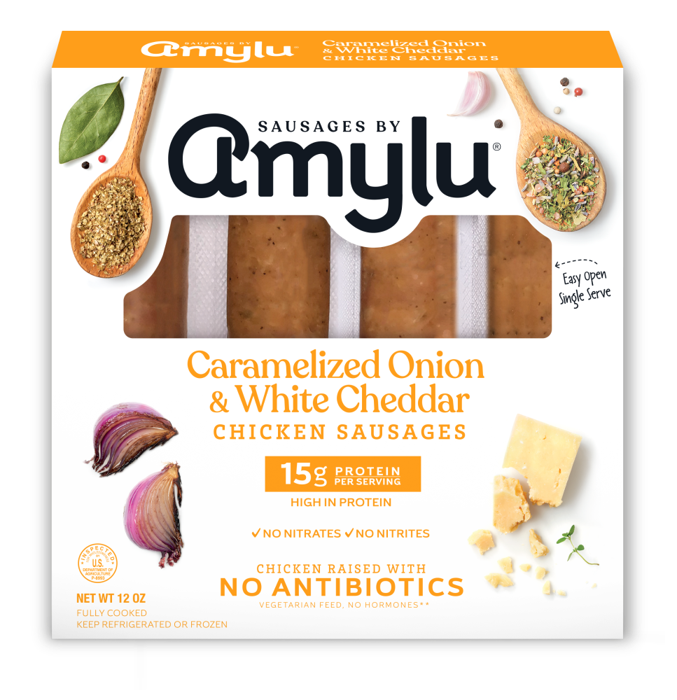 slide 2 of 2, Amylu Foods Caramelized Onion & White Cheddar Chicken Sausages 12 oz, 12 oz