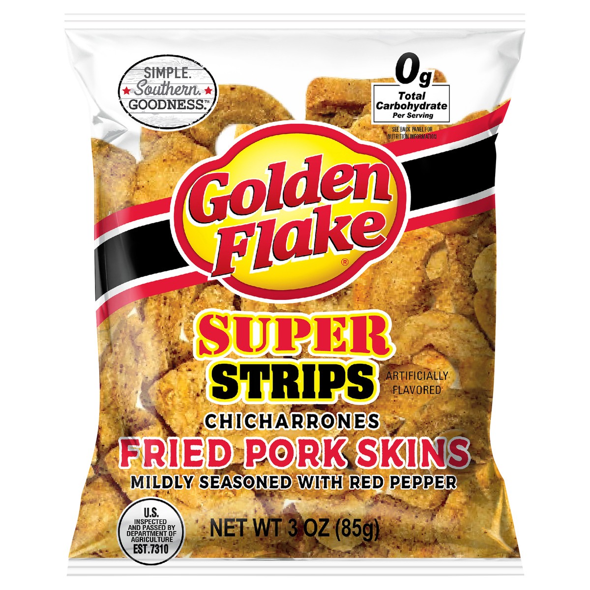 slide 1 of 7, Golden Flake Chicharrones Super Strips Fried Pork Skins 3 oz, 3 oz