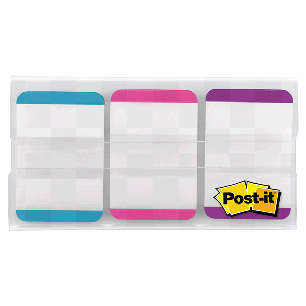 slide 1 of 1, Post-it Tabs, 1 in., Lined, Aqua, Pink, Violet, 22 Tabs/Color, 66 Tabs/On-the-Go Dispenser, 1 ct