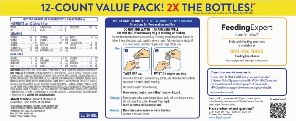 slide 2 of 9, Similac 360 Total Care Advance Infant Formula Ready-to-Feed 12-2 fl oz Bottles, 12 ct