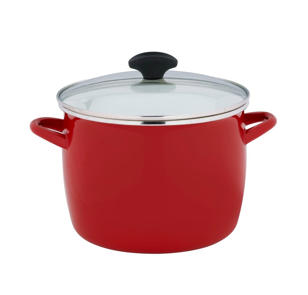 slide 1 of 1, Dash of That Enamel On Steel Stock Pot With Lid - Red, 8 qt