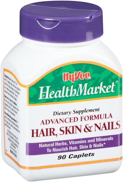slide 1 of 1, Hy-Vee HealthMarket Hair Skin & Nails Advanced Formula Dietary Supplement Caplets, 90 ct