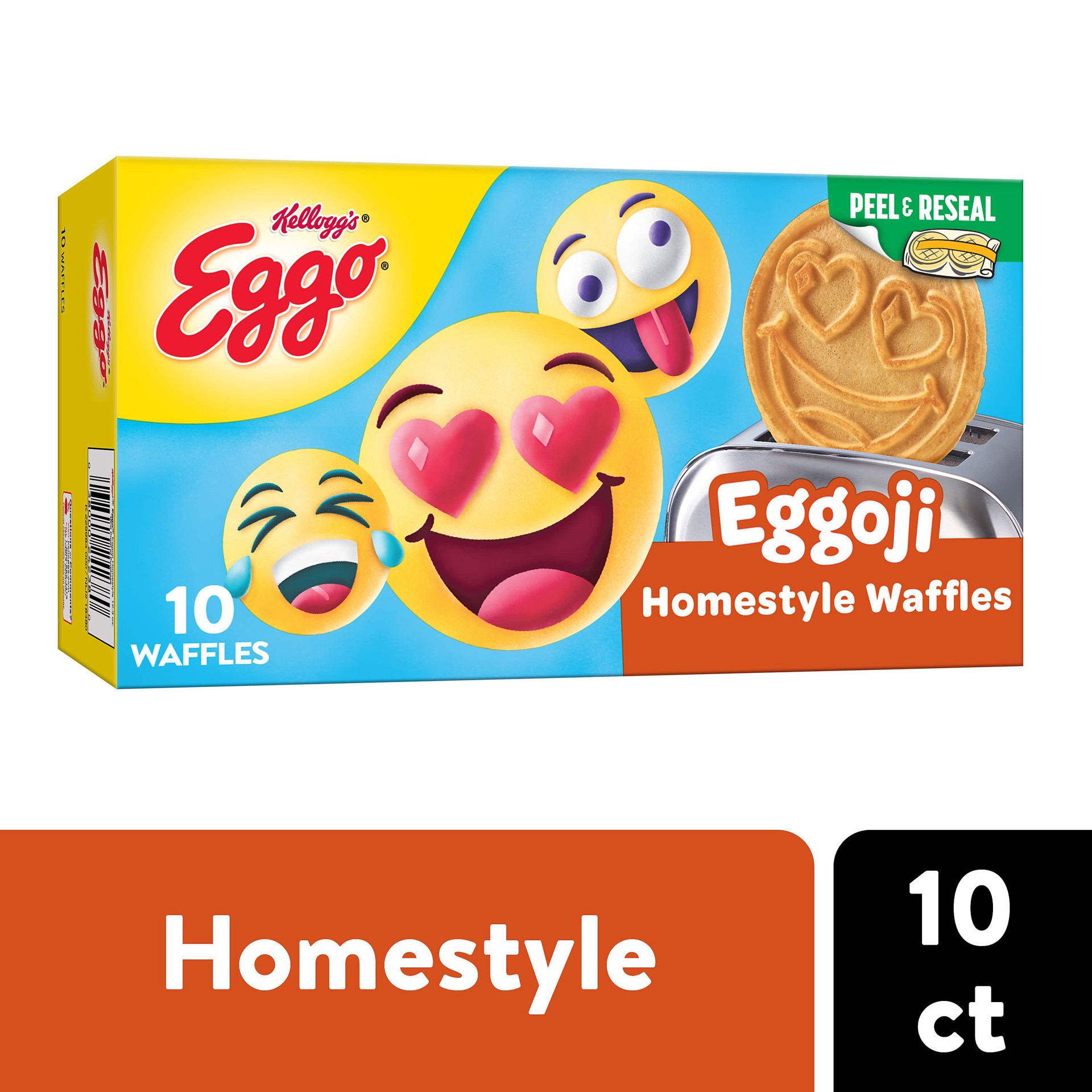 slide 1 of 5, Eggo Eggoji Frozen Waffles, Frozen Breakfast, Resealable, Homestyle, 12.3oz Box, 10 Waffles, 12.3 oz