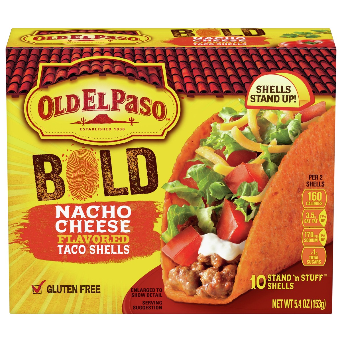 slide 1 of 1, Old El Paso Bold Stand 'n Stuff Nacho Cheese Flavored Taco Shells 10 ea, 5.4 oz