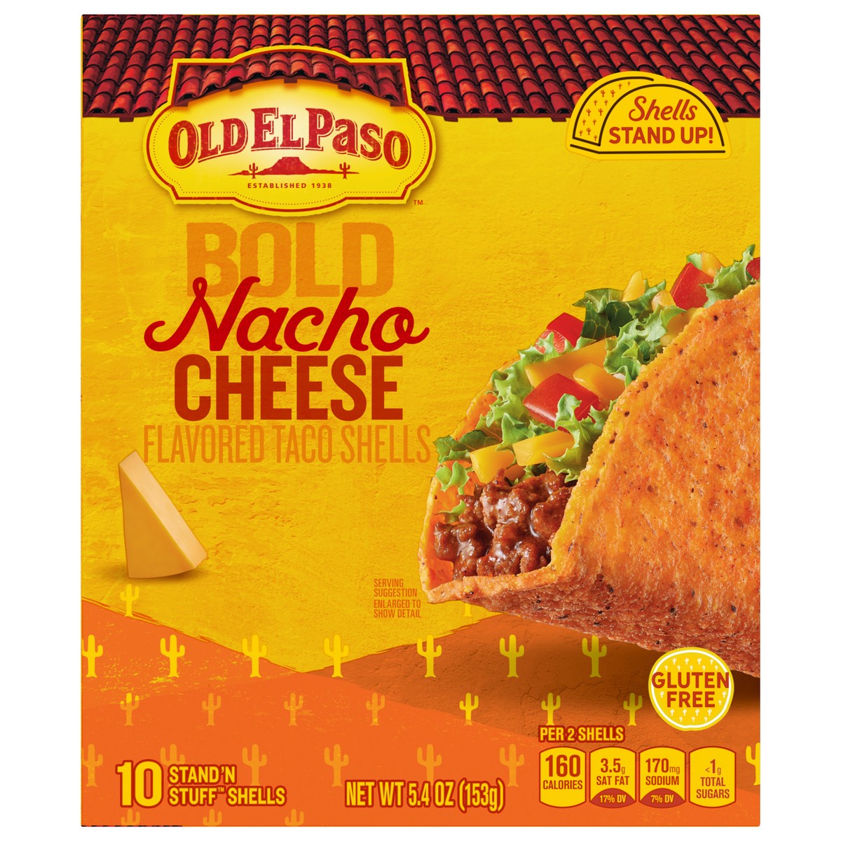 slide 1 of 1, Old El Paso Stand 'N Stuff Bold Nacho Cheese Flavored Taco Shells, 10-count, 5.4 oz