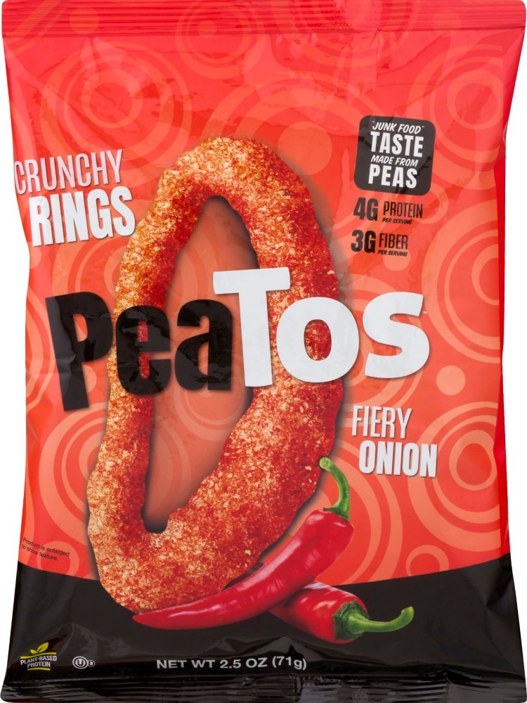 slide 1 of 1, PeaTos Fiery Onion Flavored Crunchy Puffed Rings, 2.5 oz