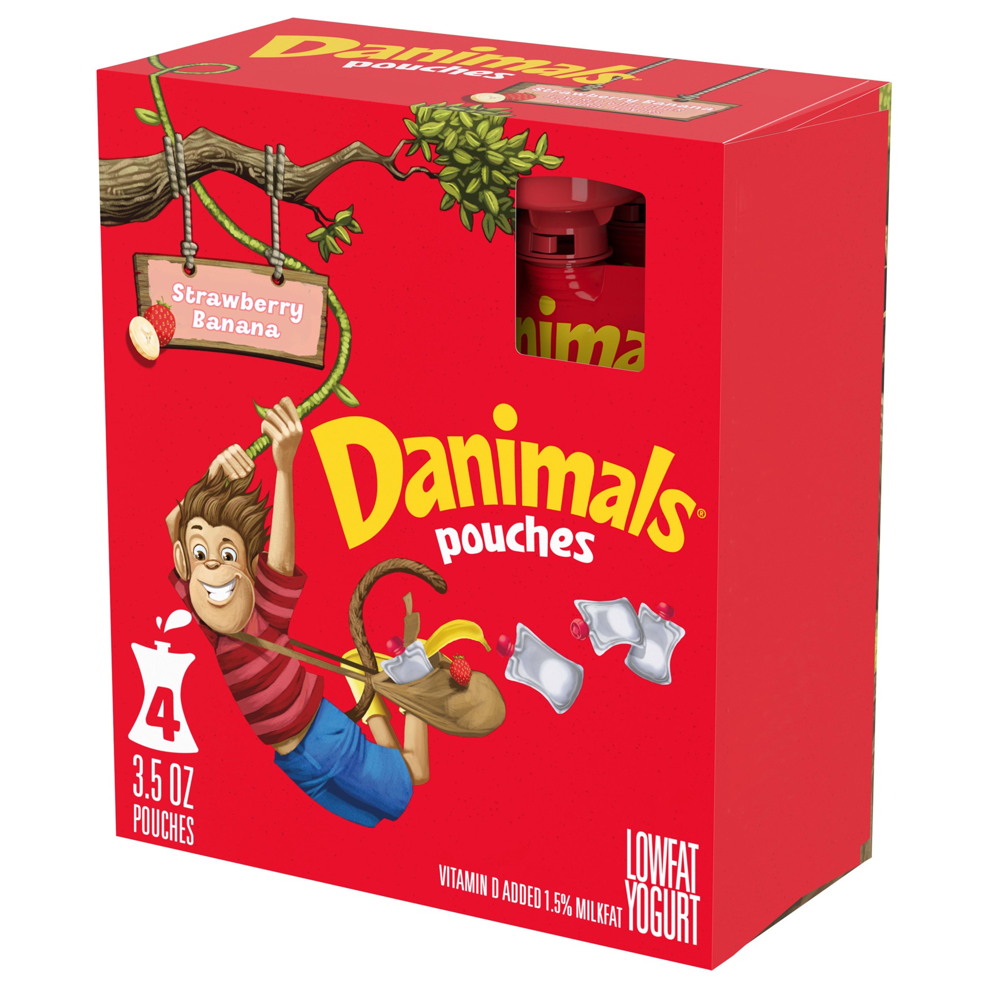 slide 1 of 5, Dannon Danimals Pouches Strawberry Banana Squeezable Low Fat Yogurt, Easy Snacks for Kids Yogurt Pouches, 3.5 oz