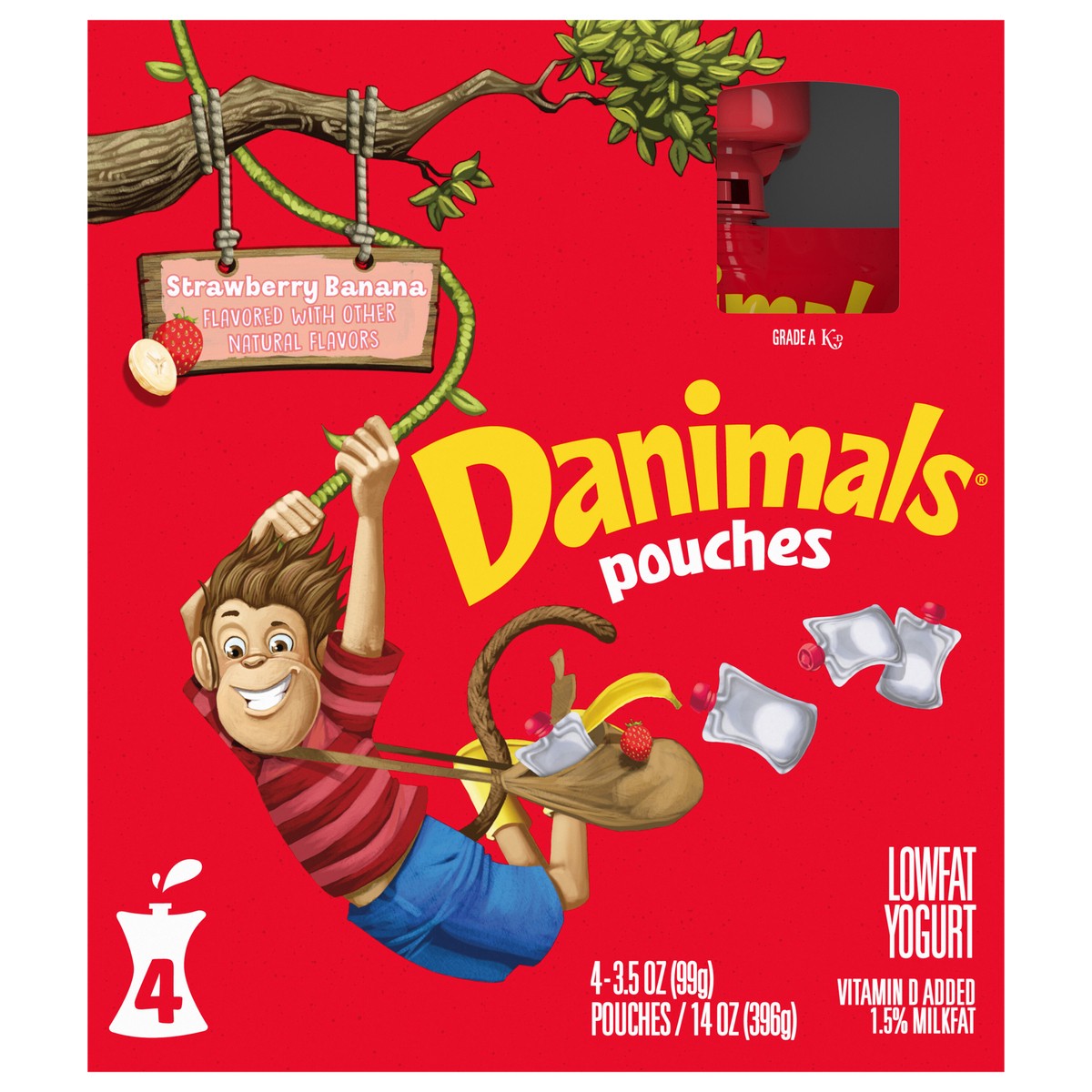 slide 1 of 5, Danimals Pouches Strawberry Banana Squeezable Low Fat Yogurt, 4 Ct, 3.5 OZ Yogurt Pouches, 4 ct