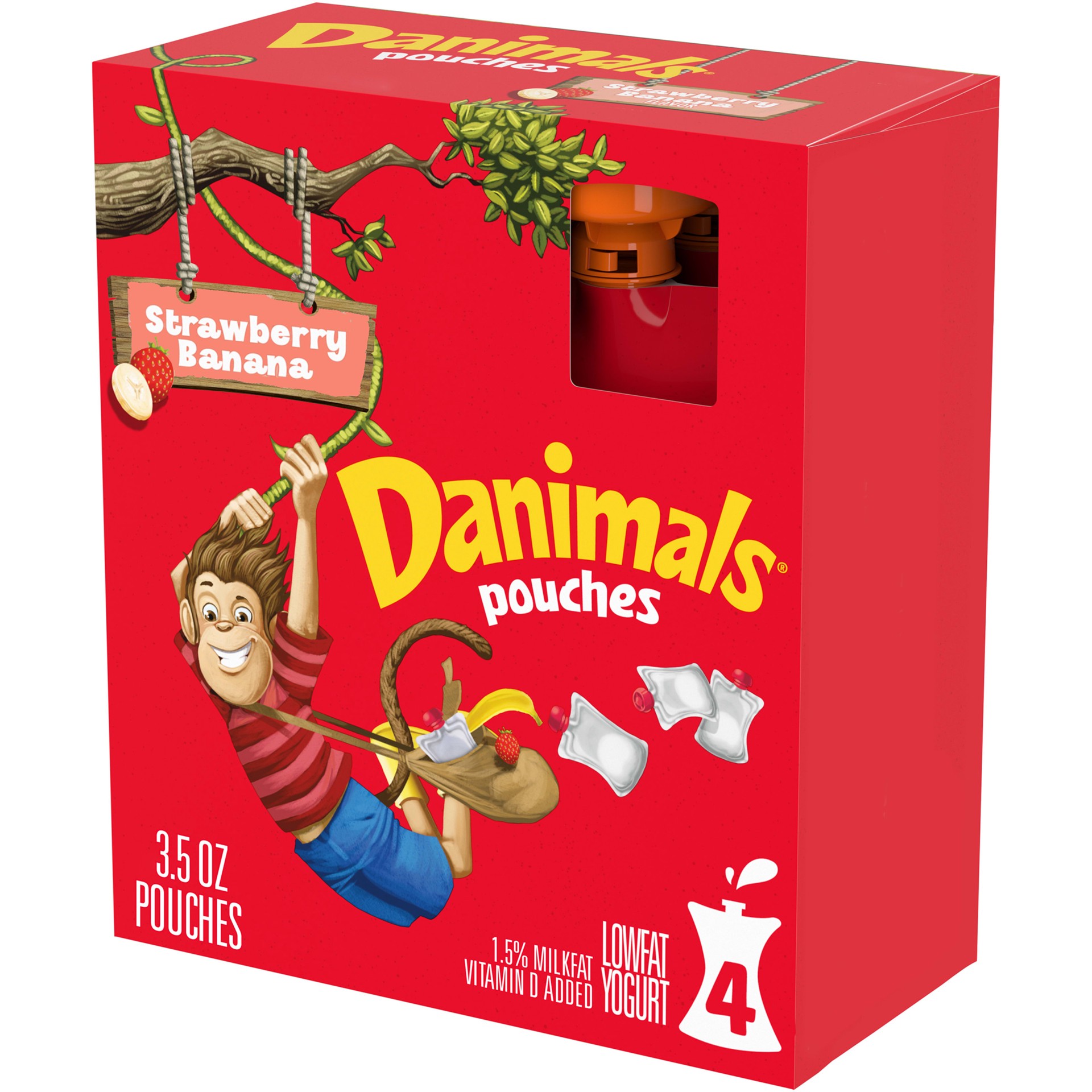 slide 1 of 5, Dannon Danimals Pouches Strawberry Banana Squeezable Low Fat Yogurt, Easy Snacks for Kids Yogurt Pouches, 3.5 oz