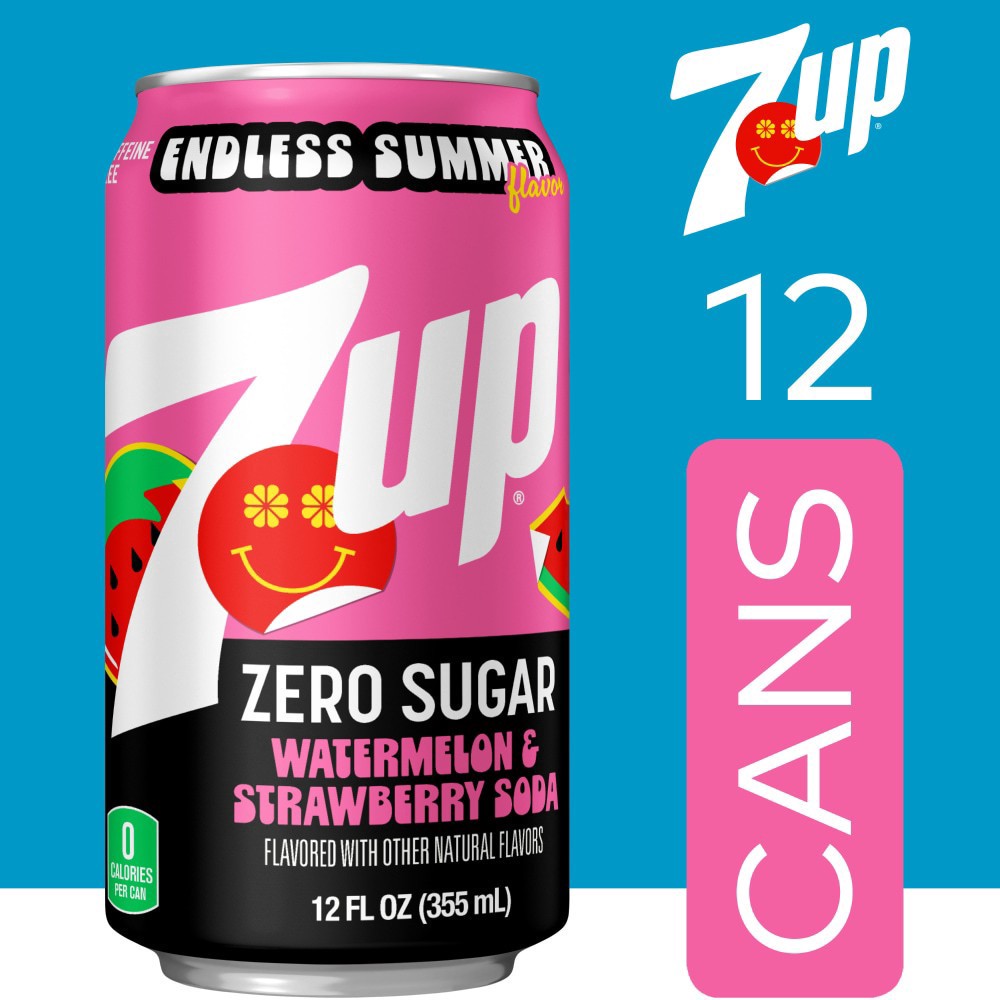 slide 4 of 4, 7UP® Zero Sugar Watermelon Strawberry Soda Cans, 12 ct; 12 fl oz
