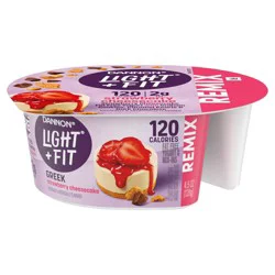Dannon Light + Fit REMIX Strawberry Cheesecake Nonfat Greek Yogurt with Graham Cookies, Caramel Pearls and Dark Chocolate Mix-Ins, Creamy and Delicious Light Yogurt, 4.5 OZ Cups