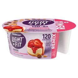 Dannon Light + Fit REMIX Strawberry Cheesecake Nonfat Greek Yogurt with Graham Cookies, Caramel Pearls and Dark Chocolate Mix-Ins, Creamy and Delicious Light Yogurt, 4.5 OZ Cups