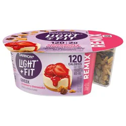 Dannon Light + Fit REMIX Strawberry Cheesecake Nonfat Greek Yogurt with Graham Cookies, Caramel Pearls and Dark Chocolate Mix-Ins, Creamy and Delicious Light Yogurt, 4.5 OZ Cups