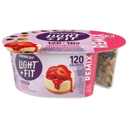 Dannon Light + Fit REMIX Strawberry Cheesecake Nonfat Greek Yogurt with Graham Cookies, Caramel Pearls and Dark Chocolate Mix-Ins, Creamy and Delicious Light Yogurt, 4.5 OZ Cups