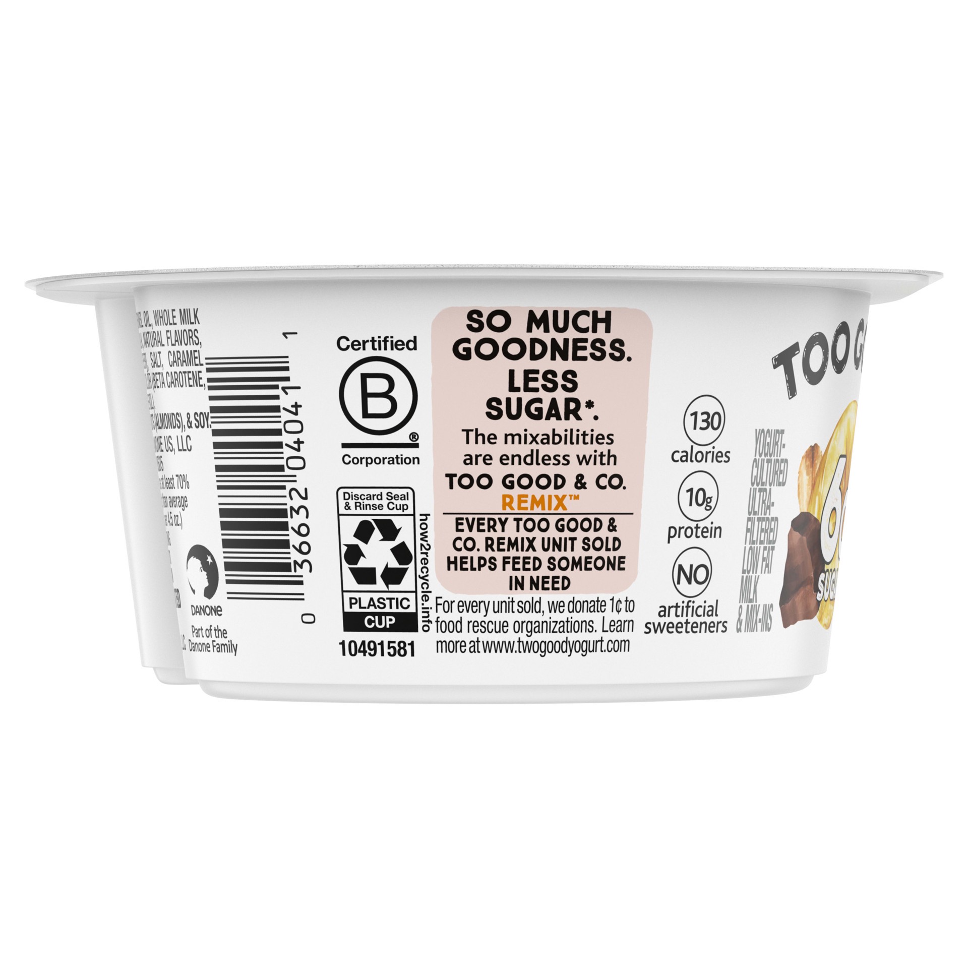 slide 5 of 5, Too Good & Co. REMIX Banana Flavored Low Fat Yogurt-Cultured Ultra-Filtered Low Fat Milk with Roasted Almond, Dark Chocolate and Honey Flavored Crisp Mix Ins, 4.5 oz cup, 4.5 oz