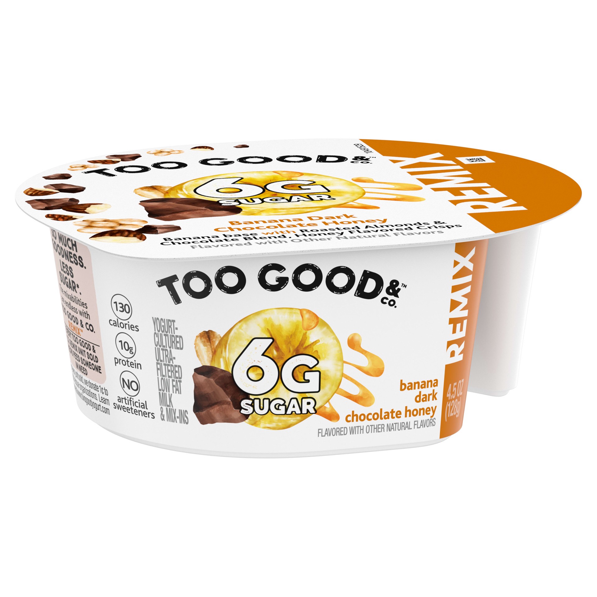slide 4 of 5, Too Good & Co. REMIX Banana Flavored Low Fat Yogurt-Cultured Ultra-Filtered Low Fat Milk with Roasted Almond, Dark Chocolate and Honey Flavored Crisp Mix Ins, 4.5 oz cup, 4.5 oz