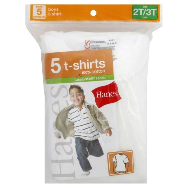 slide 1 of 1, Toddler Boys' Hanes T-Shirt - White 2T-3T, 5 ct