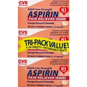 slide 1 of 1, CVS Pharmacy CVS Health Aspirin 81 Mg Tablets Adult Low Strength Orange Flavored Chewable Tri-Pack, 108 ct
