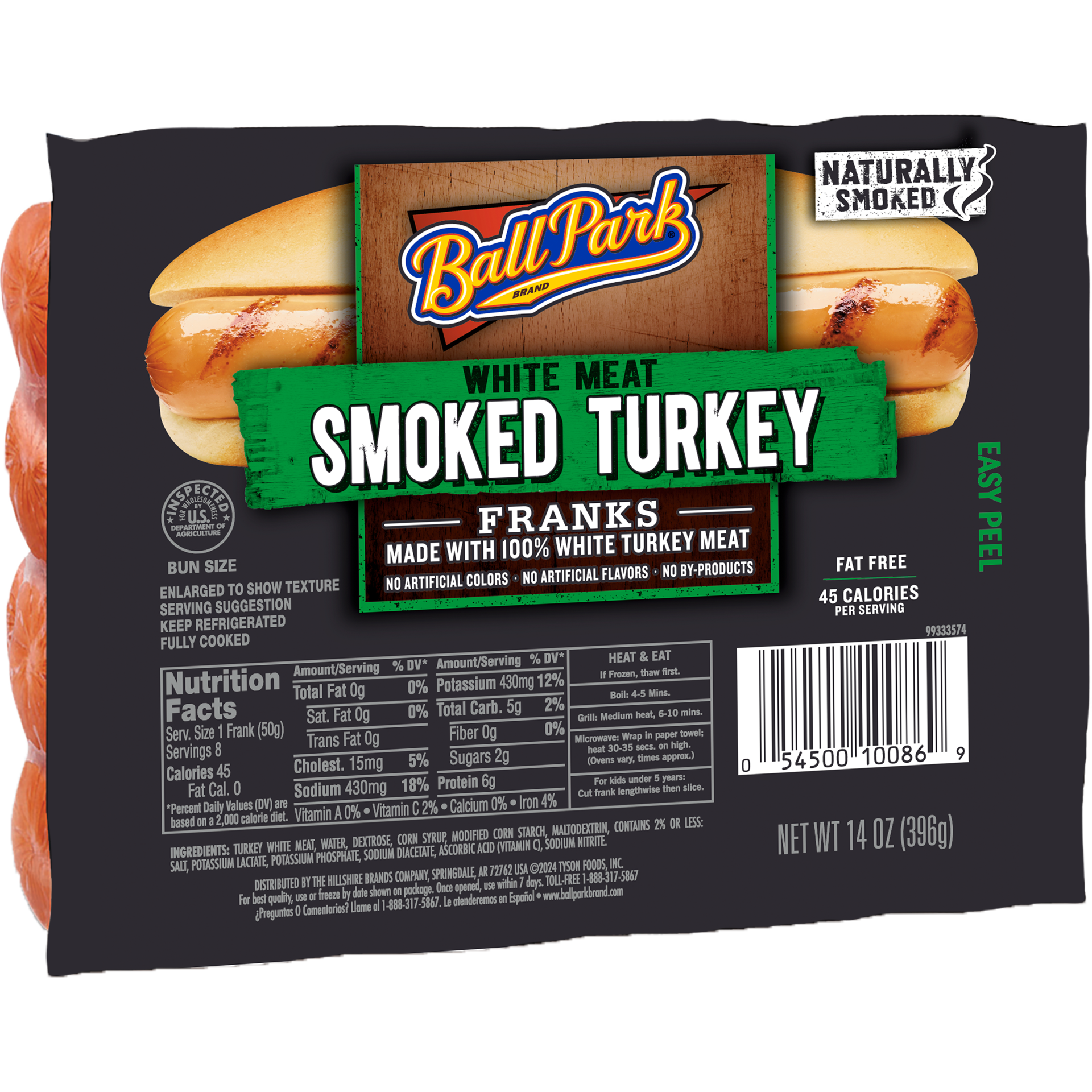 slide 8 of 10, Ball Park Hot Dogs, Smoked White Meat Turkey, 8 Count, 14 oz