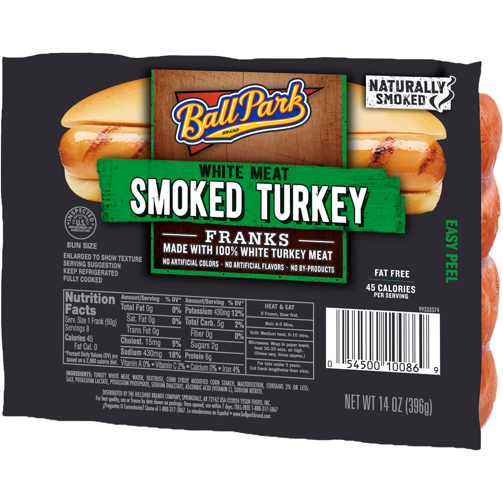 slide 2 of 10, Ball Park Hot Dogs, Smoked White Meat Turkey, 8 Count, 14 oz