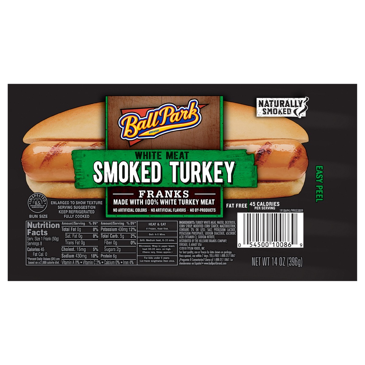 slide 1 of 3, Ball Park® Smoked White Meat Turkey Hot Dogs, Bunsize Length, 8 Count, 14 oz