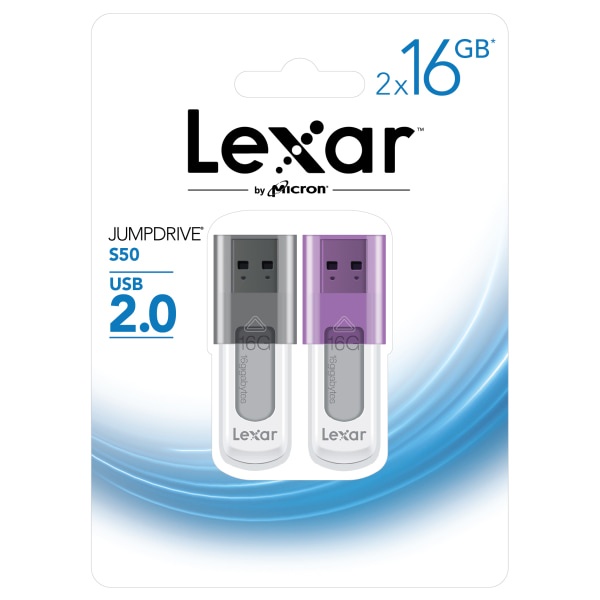 slide 1 of 1, Lexar Jumpdrive S50 Usb 2.0 Flash Drives, 16Gb, Black/Purple, Pack Of 2, Ljds50-16Gabnl2, 2 ct