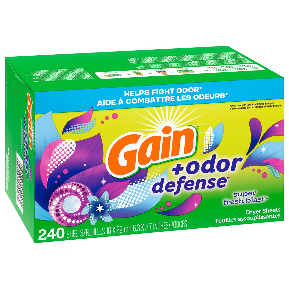 slide 3 of 6, Gain Dryer Sheets Plus Odor Defense, Super Fresh Blast Scent, 240 Count, Helps fight static and odor, laundry sheets, 240 ct