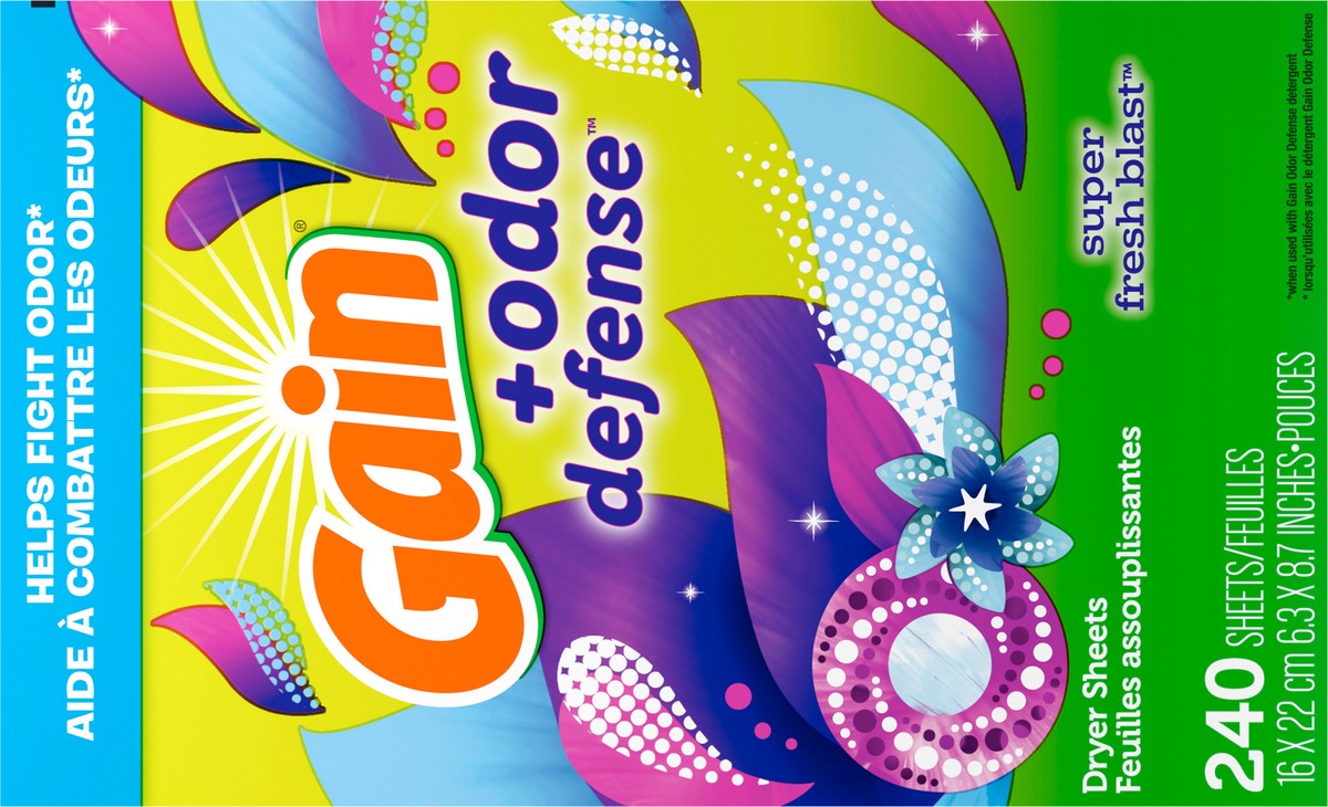 slide 5 of 6, Gain Dryer Sheets Plus Odor Defense, Super Fresh Blast Scent, 240 Count, Helps fight static and odor, laundry sheets, 240 ct