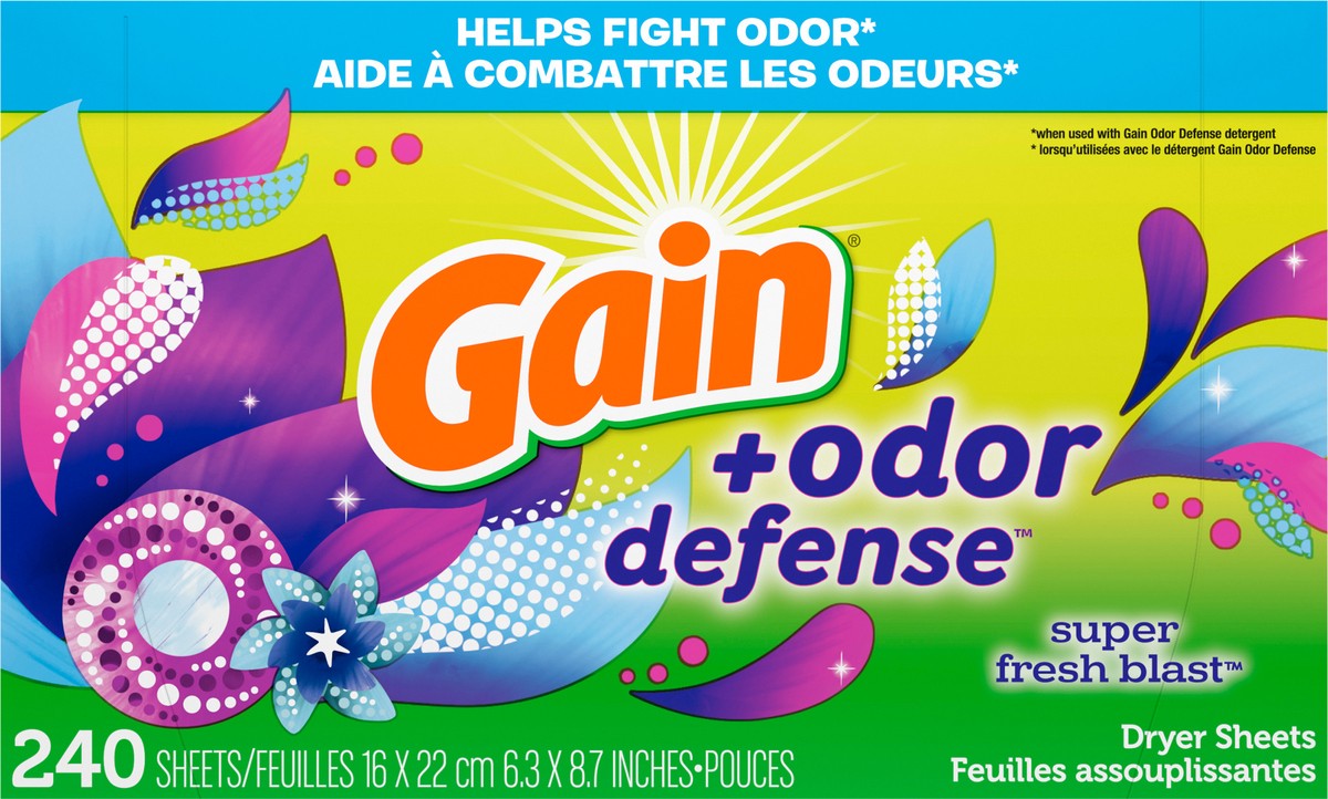 slide 4 of 6, Gain Dryer Sheets Plus Odor Defense, Super Fresh Blast Scent, 240 Count, Helps fight static and odor, laundry sheets, 240 ct