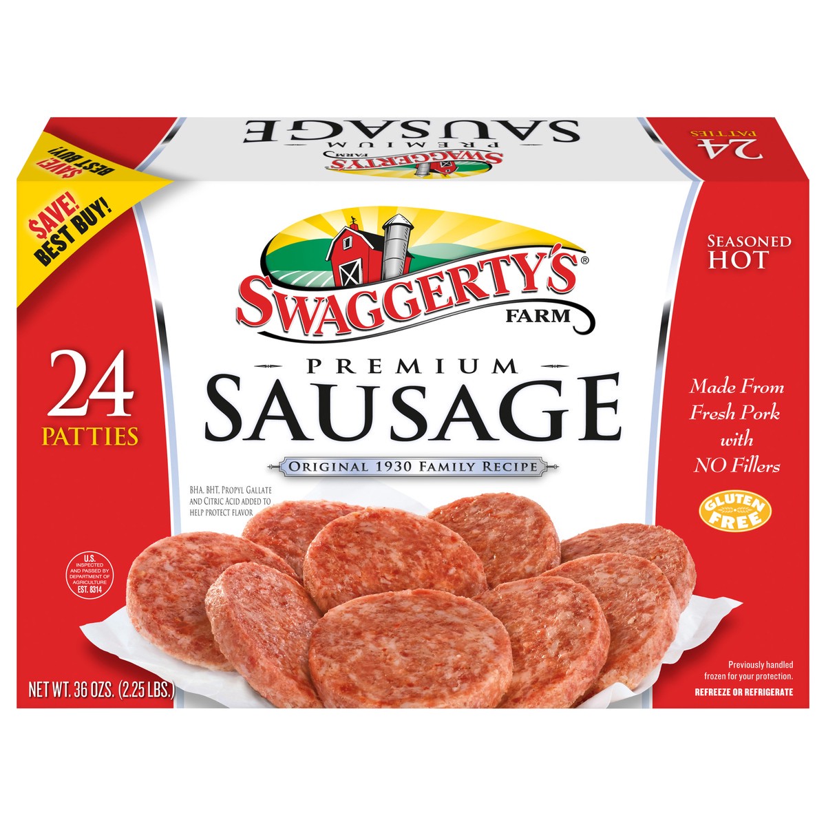 slide 1 of 11, Swaggerty's Farm Hot Country Sausage Patties, 36 oz