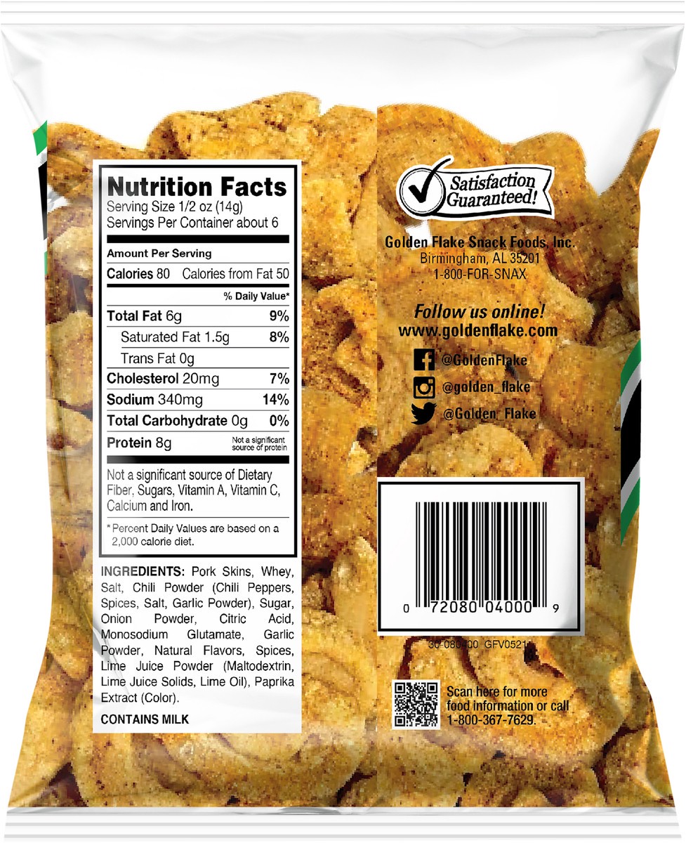 slide 5 of 7, Golden Flake Super Strips Chile Lime Pork Skins Chicharrones 3 oz, 3 oz