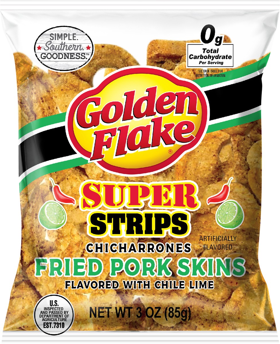 slide 6 of 7, Golden Flake Super Strips Chile Lime Pork Skins Chicharrones 3 oz, 3 oz