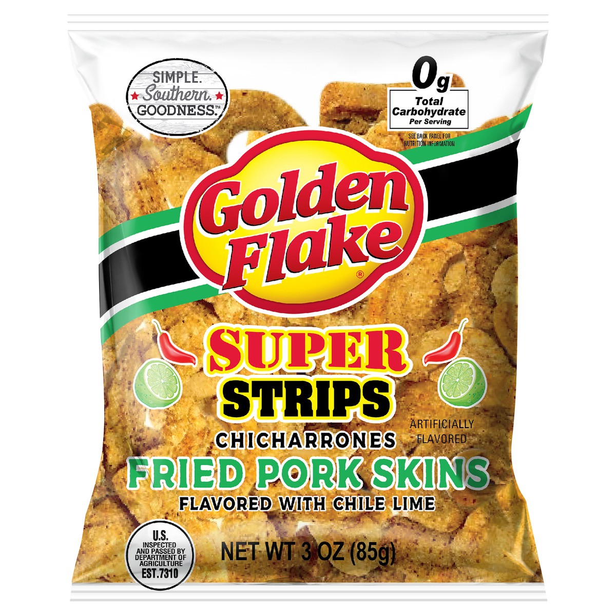 slide 1 of 7, Golden Flake Super Strips Chile Lime Pork Skins Chicharrones 3 oz, 3 oz