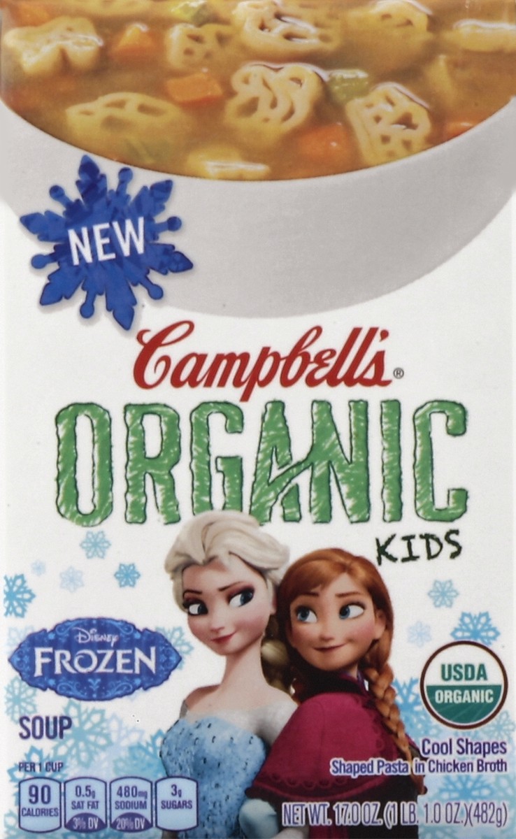 slide 4 of 4, Campbell's Organic Kids Disney Frozen Cool Shapes Soup, 17 oz