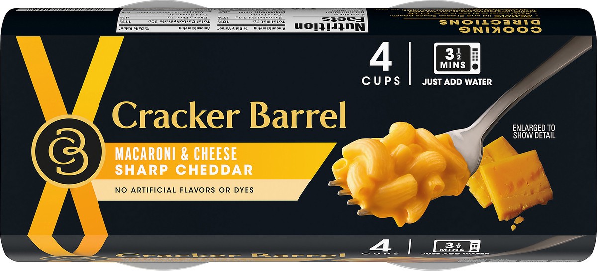 slide 8 of 13, Cracker Barrel Sharp Cheddar Macaroni & Cheese Dinner, 4 ct Pack, 2.39 oz Cups, 4 ct; 9.56 oz