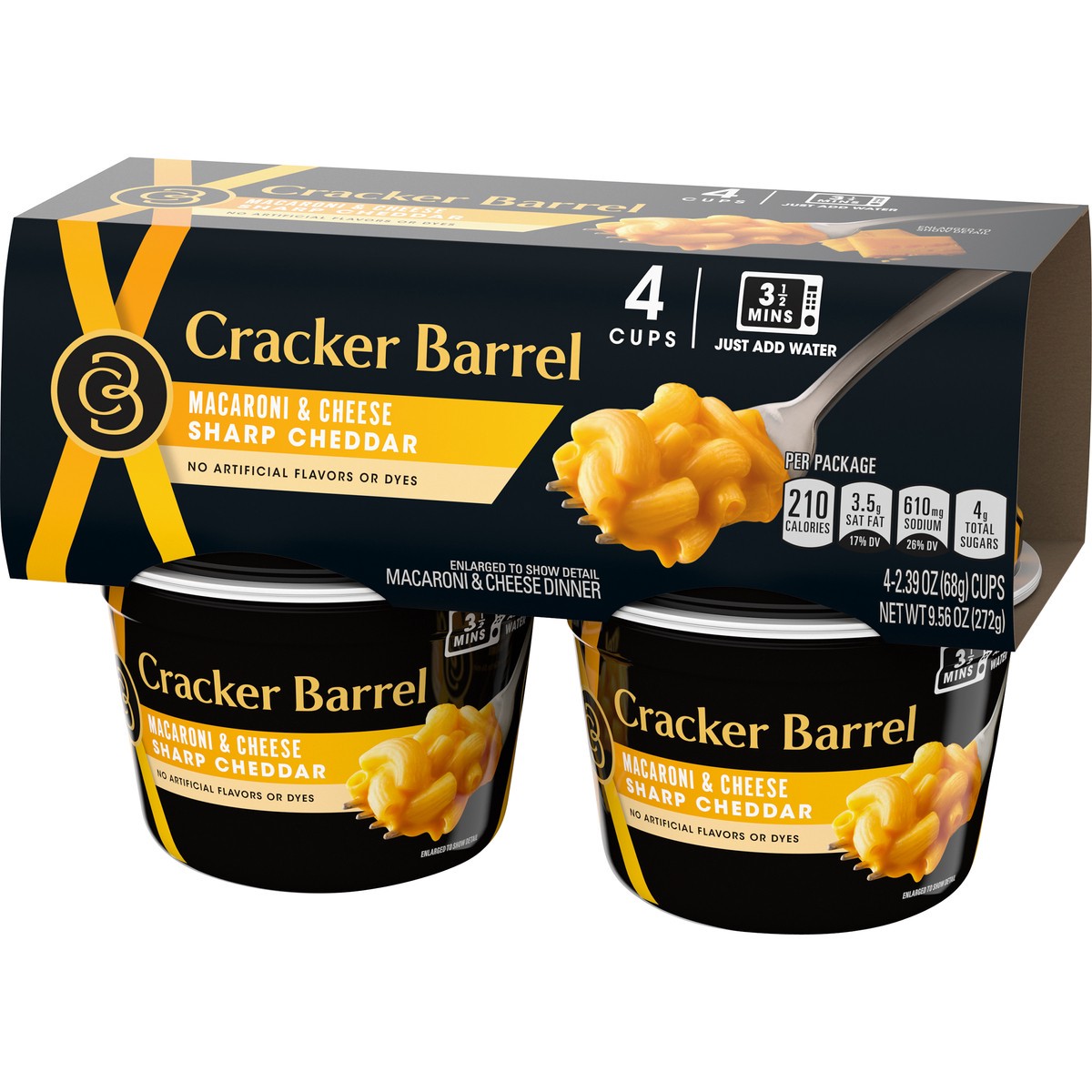 slide 11 of 13, Cracker Barrel Sharp Cheddar Macaroni & Cheese Dinner, 4 ct Pack, 2.39 oz Cups, 4 ct; 9.56 oz