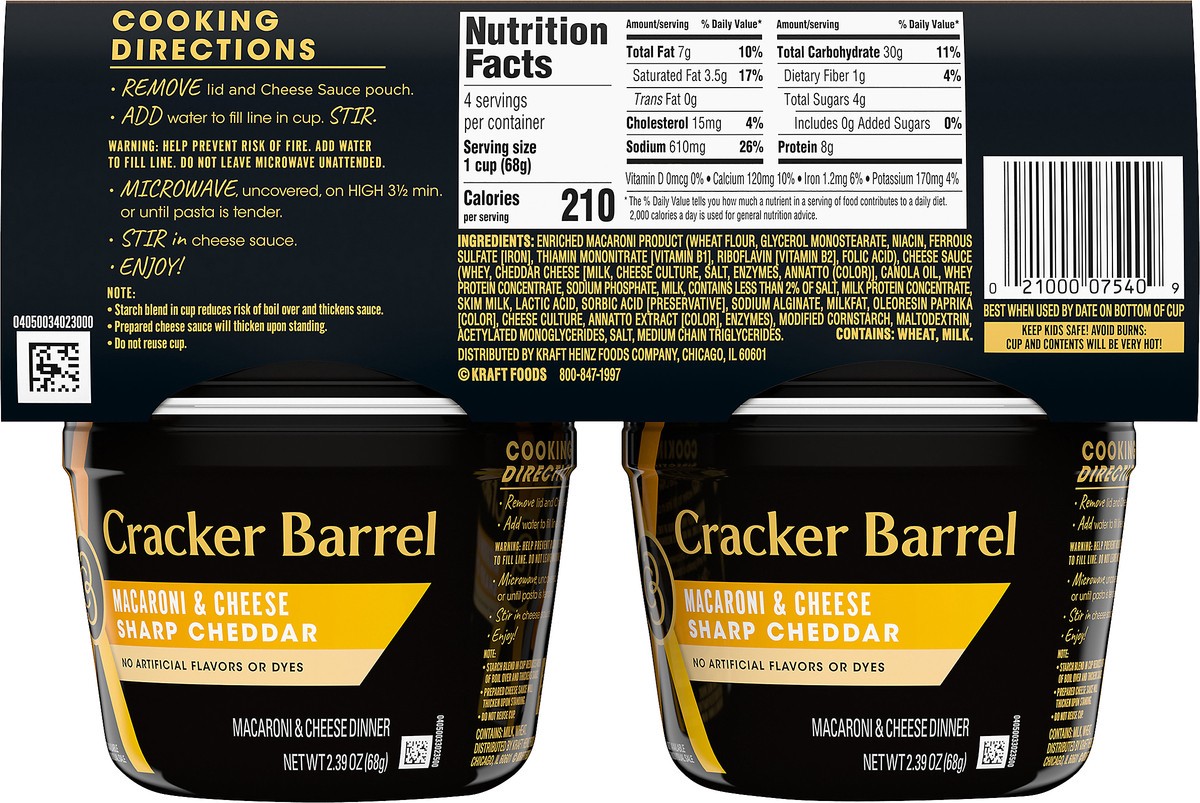 slide 2 of 13, Cracker Barrel Sharp Cheddar Macaroni & Cheese Dinner, 4 ct Pack, 2.39 oz Cups, 4 ct; 9.56 oz