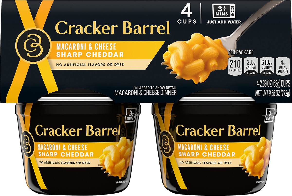 slide 1 of 13, Cracker Barrel Sharp Cheddar Macaroni & Cheese Dinner, 4 ct Pack, 2.39 oz Cups, 4 ct; 9.56 oz