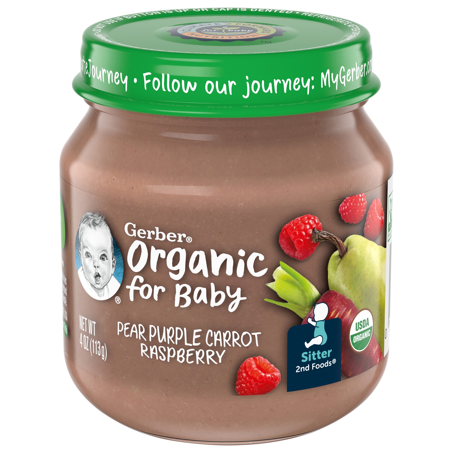 slide 1 of 9, Gerber 2nd Foods Organic Pear Purple Carrot Raspberry Baby Food, 4 oz Jar, 4 oz