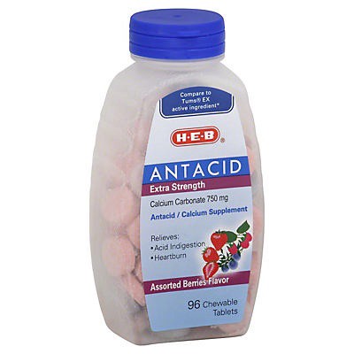 slide 1 of 1, H-E-B Extra Strength Antacid Assorted Berries Flavor Chewable 750 mg Tablets, 96 ct