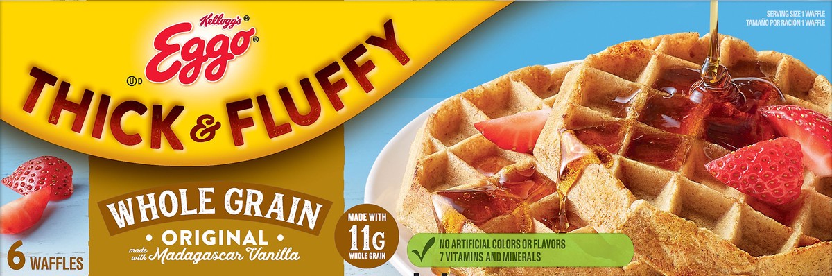 slide 8 of 8, Eggo Thick and Fluffy Frozen Waffles, Frozen Breakfast, Whole Grain, Original, 11.6oz Box, 6 Waffles, 11.6 oz