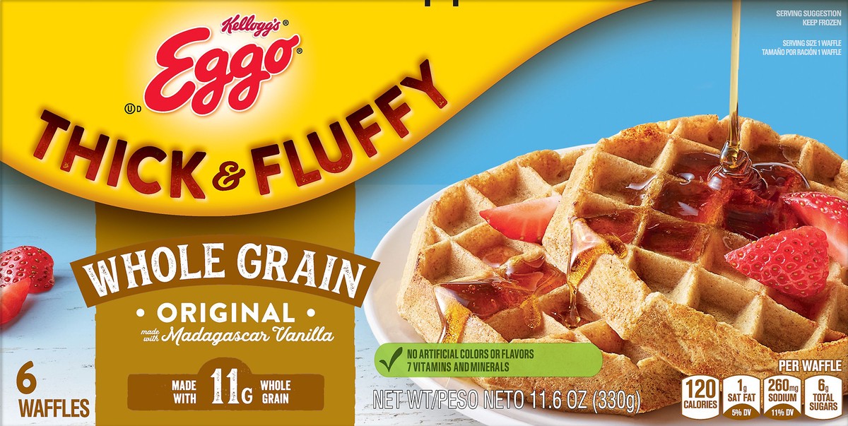 slide 3 of 8, Eggo Thick and Fluffy Frozen Waffles, Frozen Breakfast, Whole Grain, Original, 11.6oz Box, 6 Waffles, 11.6 oz