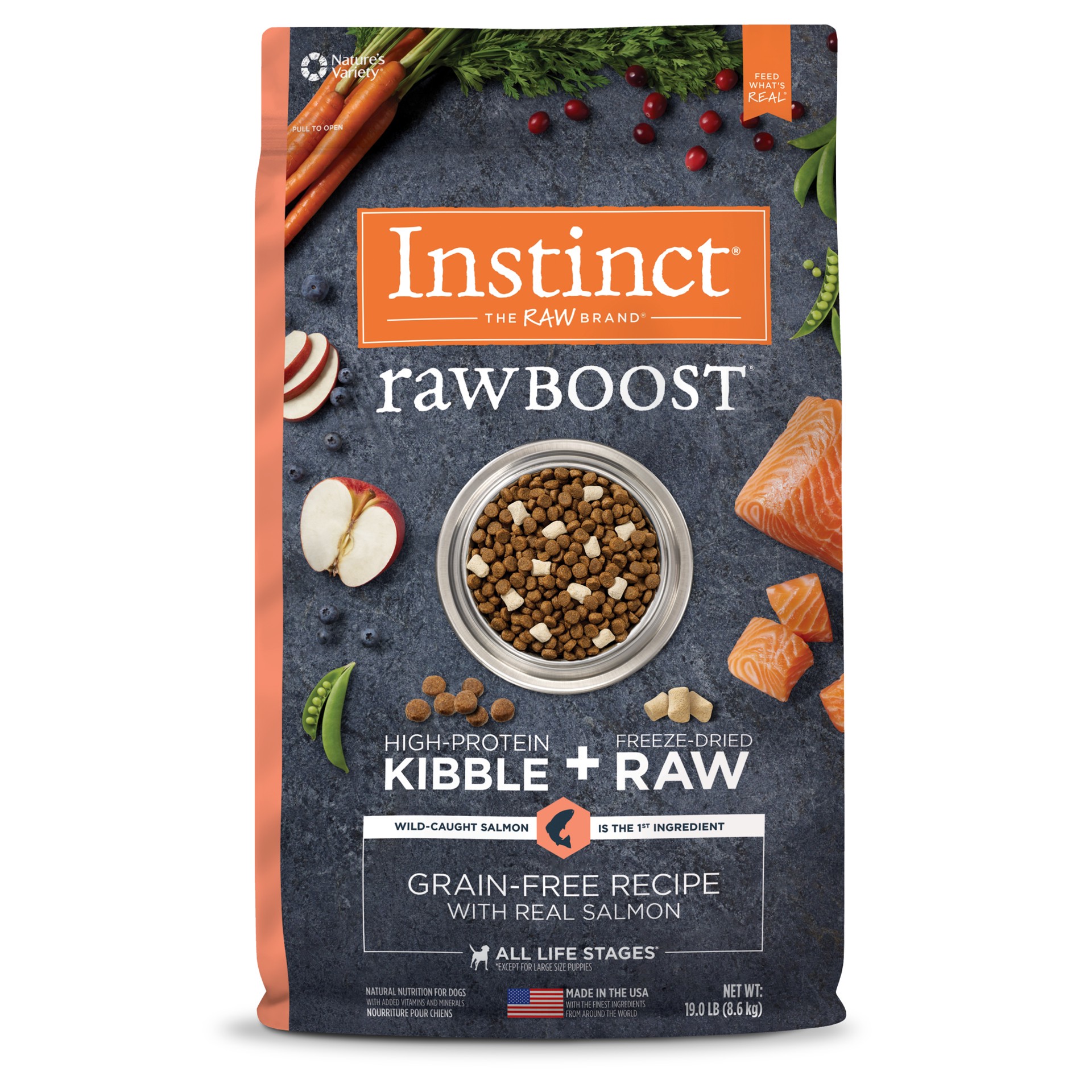 slide 1 of 7, Instinct Raw Boost Salmon Dry Dog Food, 19 lb. Bag, 19 lb