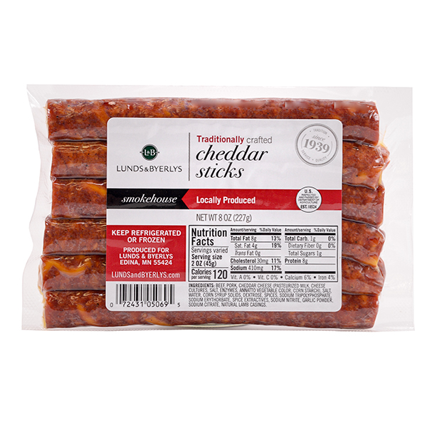 slide 1 of 1, L&B Cheddar Smoked Sausage Snack Sticks, 8 oz