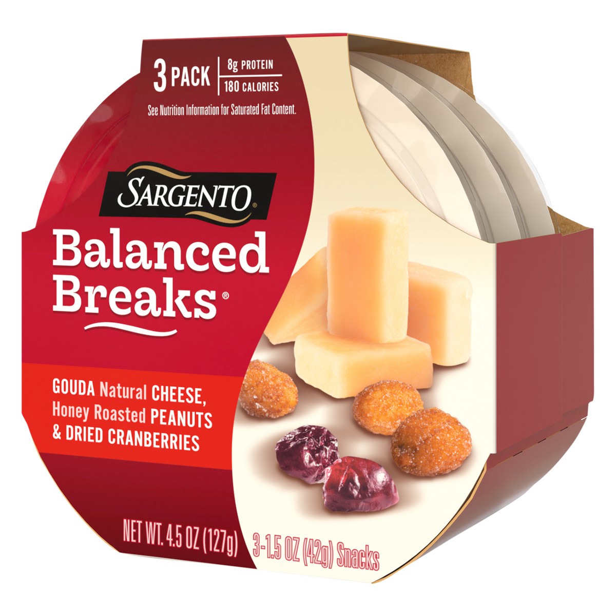 slide 5 of 9, Sargento Balanced Breaks with Gouda Natural Cheese, Honey Roasted Peanuts and Dried Cranberries, 1.5 oz., 3-Pack, 3 ct; 1.5 oz