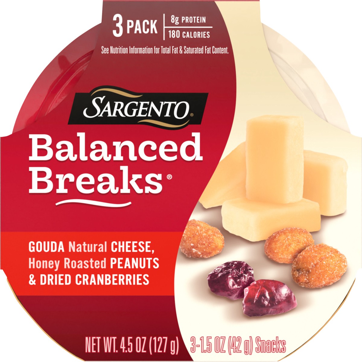 slide 4 of 9, Sargento Balanced Breaks with Gouda Natural Cheese, Honey Roasted Peanuts and Dried Cranberries, 1.5 oz., 3-Pack, 3 ct; 1.5 oz