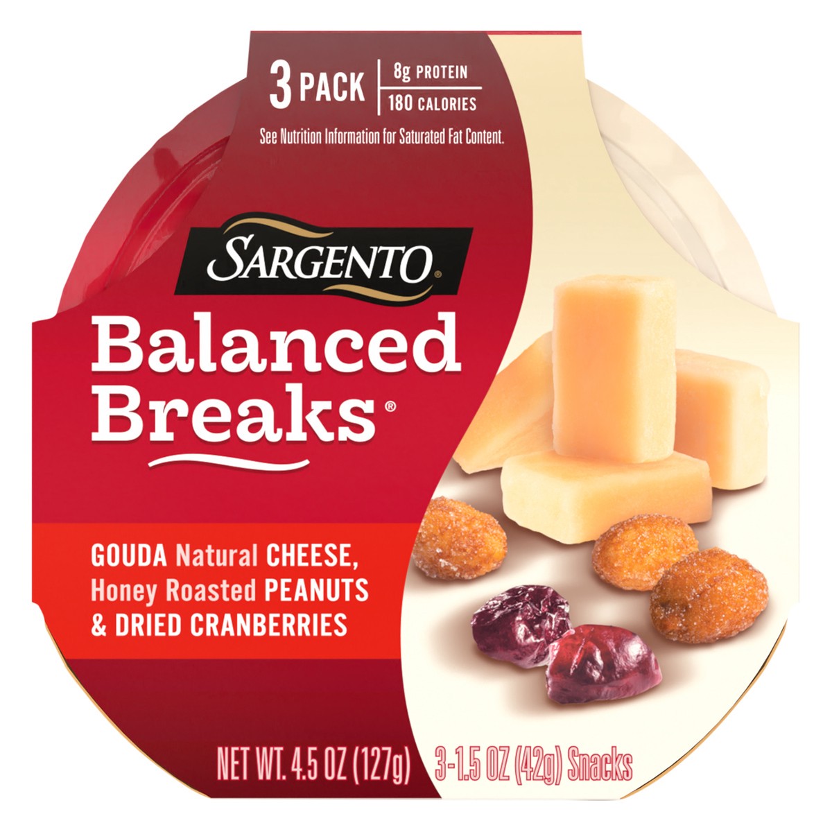 slide 1 of 9, Sargento Balanced Breaks with Gouda Natural Cheese, Honey Roasted Peanuts and Dried Cranberries, 1.5 oz., 3-Pack, 3 ct; 1.5 oz